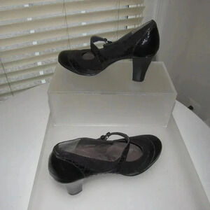 AEROSOLES Mary Jane Faux Croco Patent Suede Black Chunky Heels Pumps Size 10M